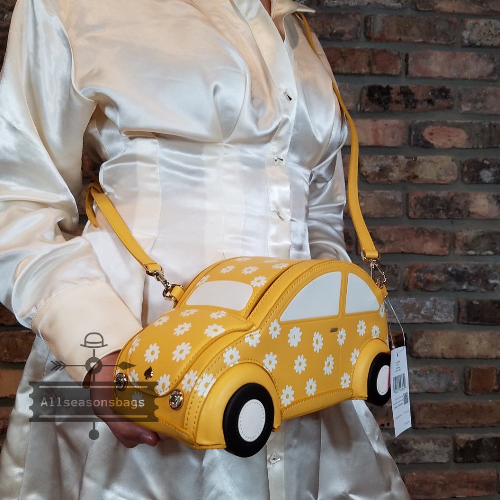 AUTHENTIC Beetle Kate Spade beep beep car crossbody bag yellow multi white NWT - Picture 8 of 12